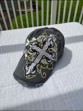 Embroidered Cross Baseball Cap - Black with Gold Accents